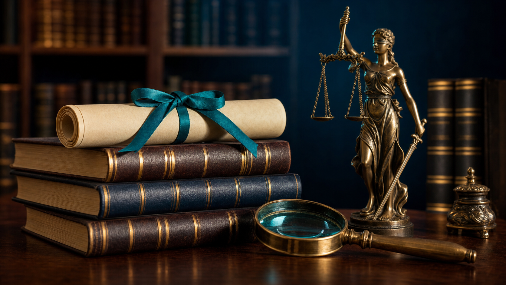 Leather-bound legal volumes, a document tied with a teal ribbon, a brass magnifying glass, and a Lady Justice statuette on a mahogany chambers surface.